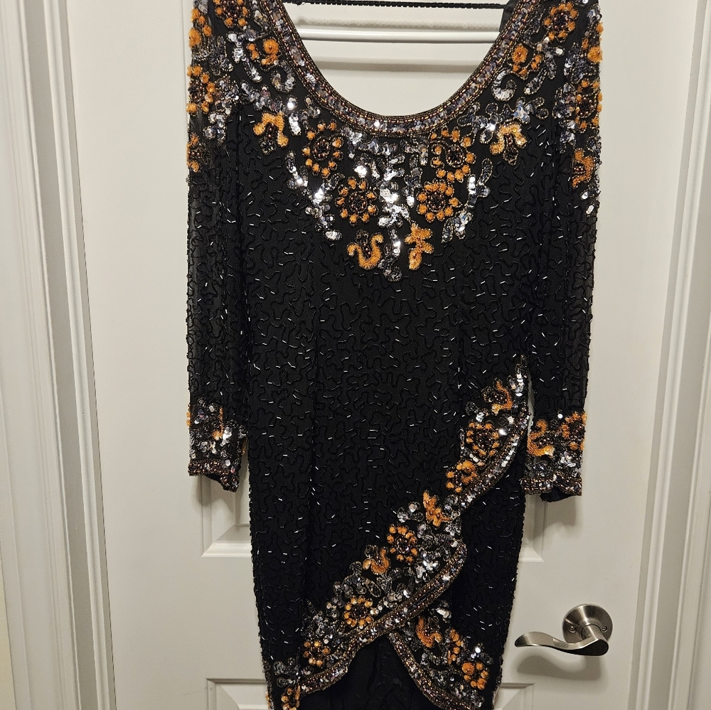 OLEG CASSINI Black Tie label beaded cocktail party dress